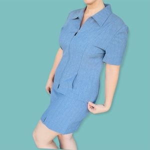 Vintage 70s blue skirt suit set zipper collared top above knee skirt size 13/14